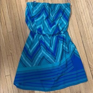 Express blue and green strapless chevron dress
